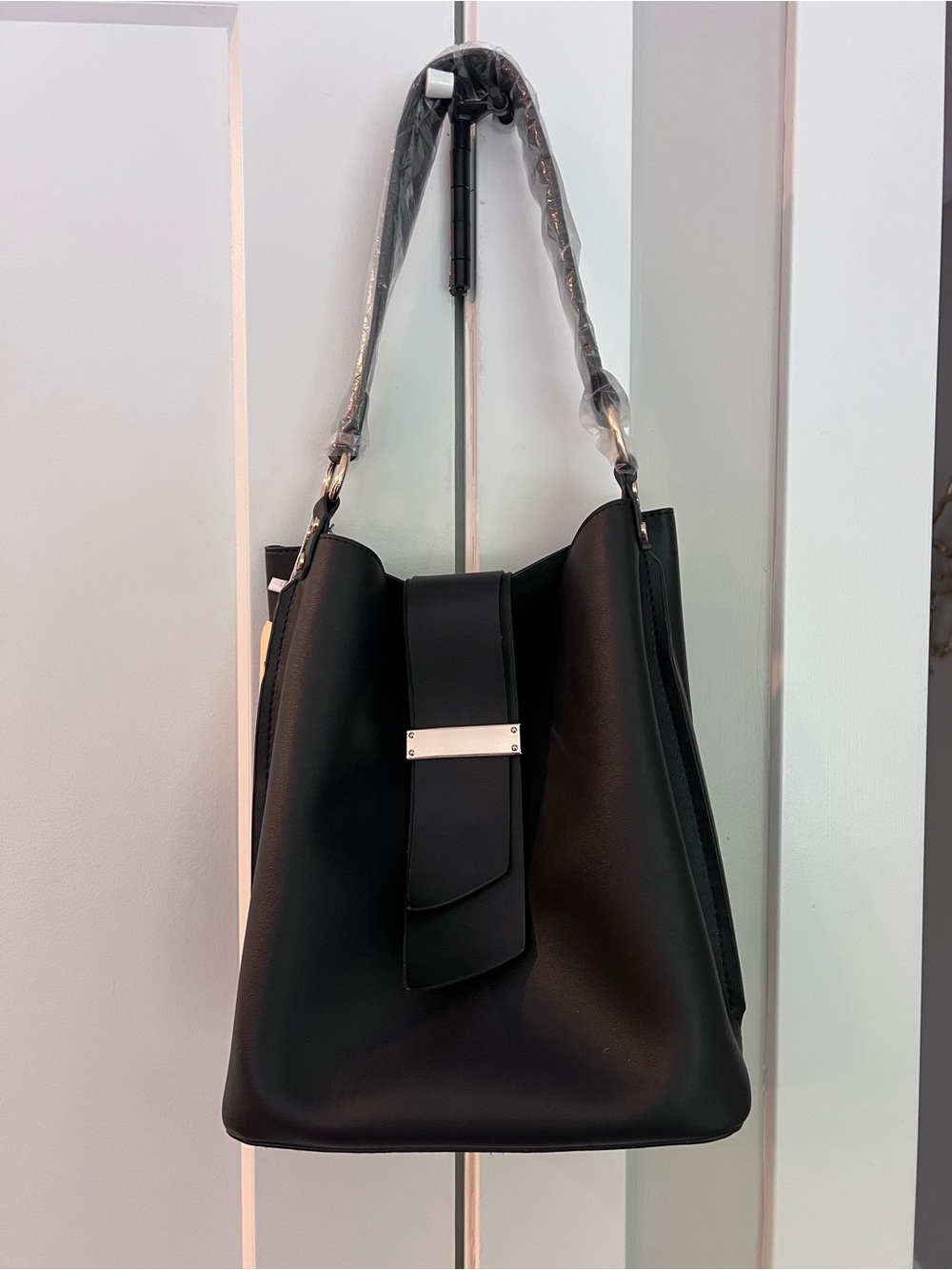 Melie Bianco Black Women’s Shoulder Bucket Bag with Gold Accent Vegan Leather